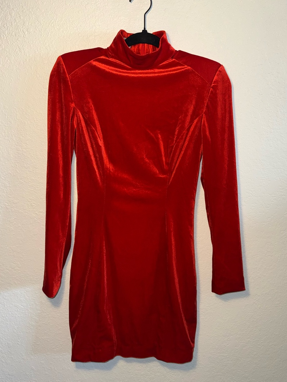 House of CB Red Orange Velvet Mock Neck Bodycon Long Sleeve Mini Dress S